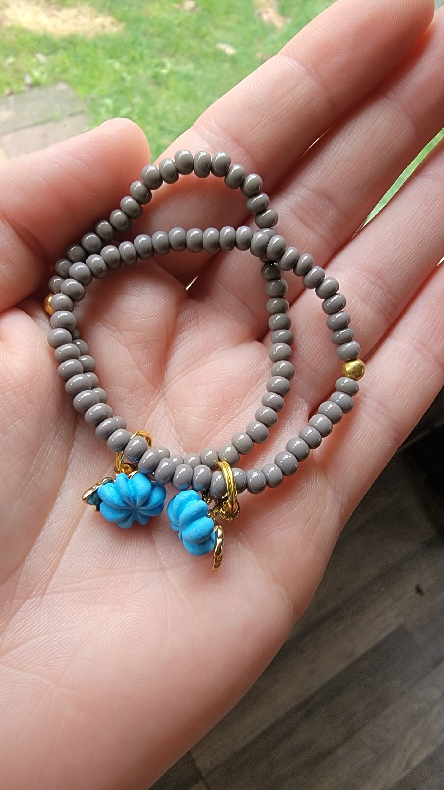 5.5" Gray Seed Beads with Blue Pumpkin Charm