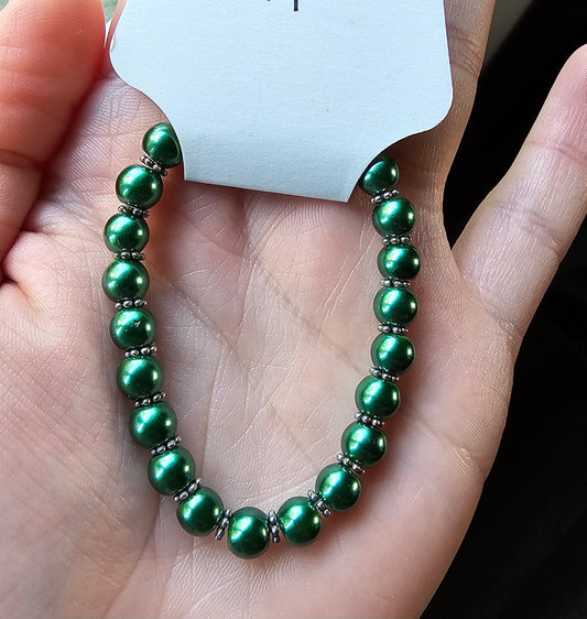 Green Glass Pearls with Silver Spacers